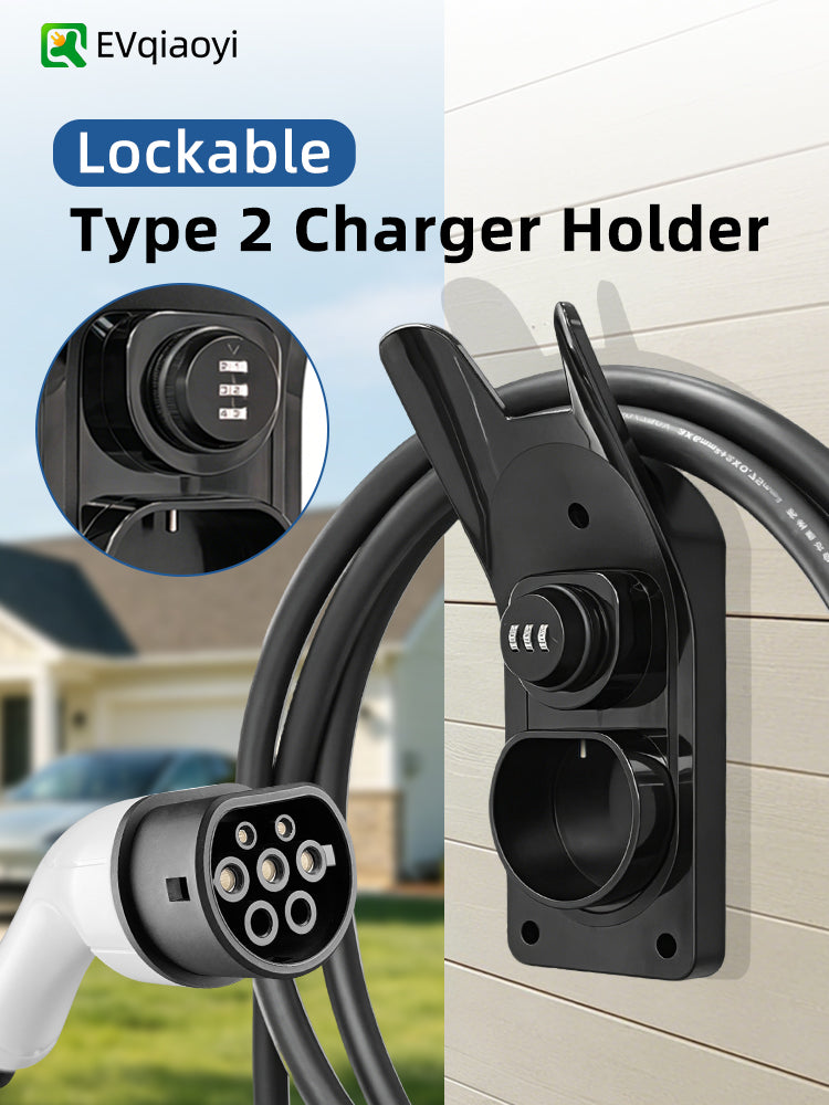 Lockable Type 2 EV Charger Holder Wall Mount EV Charging Gun Bracket European EV Charger Cable Storage Rack