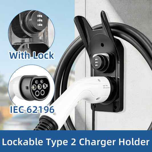 Lockable Type 2 EV Charger Holder Wall Mount EV Charging Gun Bracket European EV Charger Cable Storage Rack