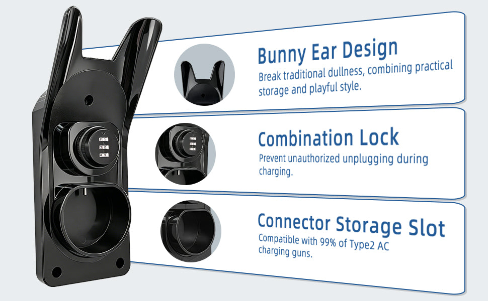 Lockable Type 2 EV Charger Holder Wall Mount EV Charging Gun Bracket European EV Charger Cable Storage Rack