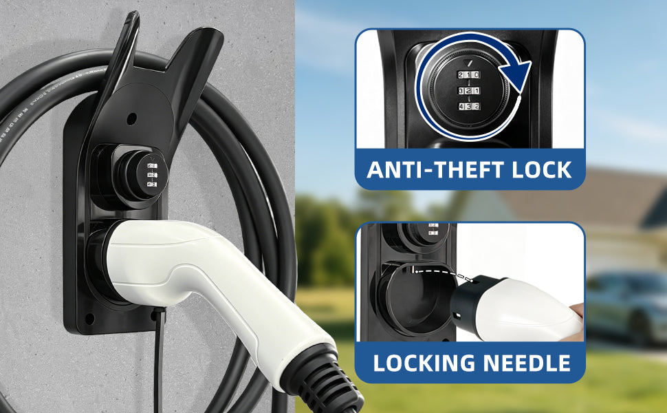 Lockable Type 2 EV Charger Holder Wall Mount EV Charging Gun Bracket European EV Charger Cable Storage Rack